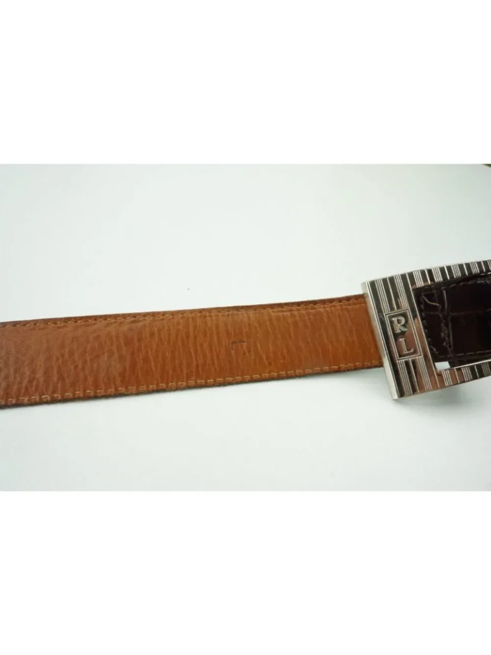 Ralph Lauren Silver RL Buckle Brown Alligator/Crocodile MAde in USA Belt L
